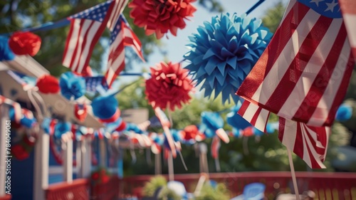American flags, patriotic ribbons and red, white and blue decorations highlight national pride and solidarity. America's Labor Day