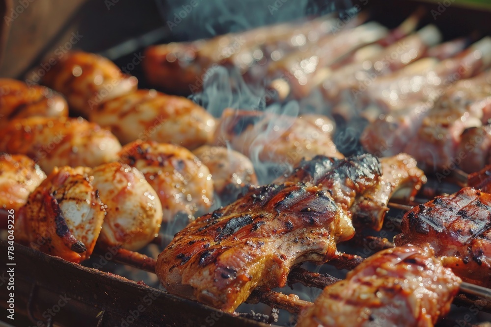 Close up of a grill with meat, perfect for food-related projects