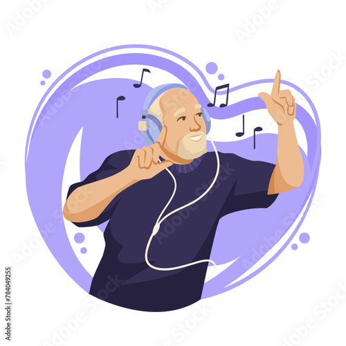 Elderly man enjoying music with headphones, vector illustration on a purple abstract background, concept of joyful aging. Vector illustration