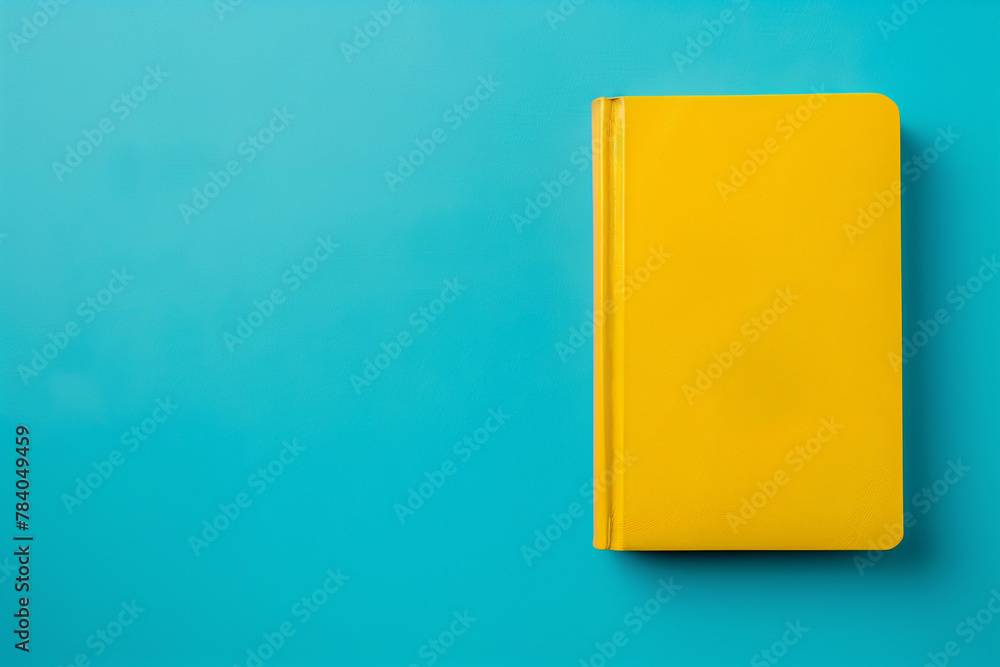 A bright yellow planner closed against a vivid blue background offers a pop of color, ideal for sparking creativity and organization A bright yellow planner closed against a vivid blue background offers a pop of color, ideal for sparking creativity and organization