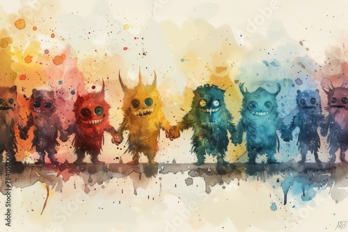 A vibrant painting featuring a group of colorful monsters. Suitable for children's books or Halloween-themed designs