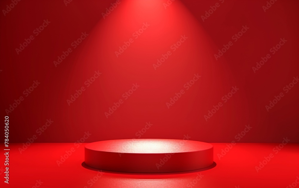 Fototapeta premium Minimal red podium for christmas product display. Color round pedestal placed on studio floor. 3D shaded, light from top. Red Spot Light in background