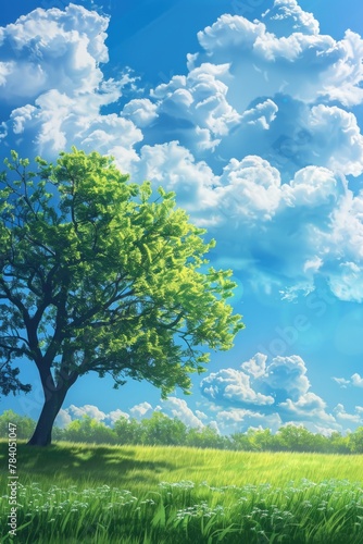 A tree standing in a field with a beautiful blue sky in the background. Suitable for nature or landscape concepts