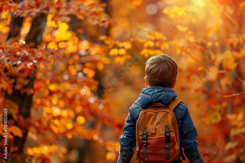 A boy with a backpack walking through a vibrant autumn forest.