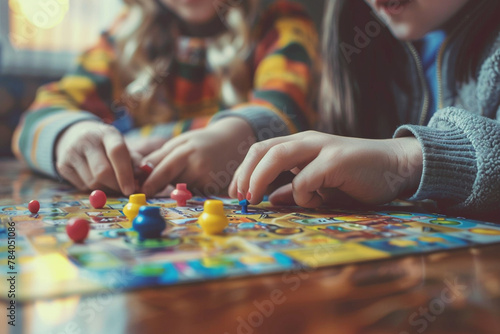 A cute sister and brother's hands playing a board game, strategizing and having a great time.