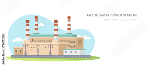Vector illustration of a geothermal power station with smokestacks on a light blue sky background, representing renewable energy concept. Vector illustration