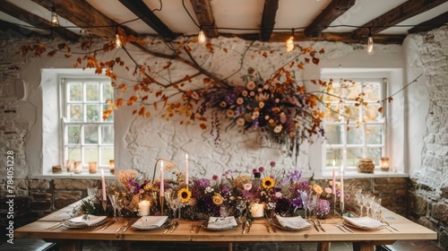   A wooden table  adorned with an array of purple and yellow blossoms  stands beside a flower-bedecked wall A wreath of blooms hangs from