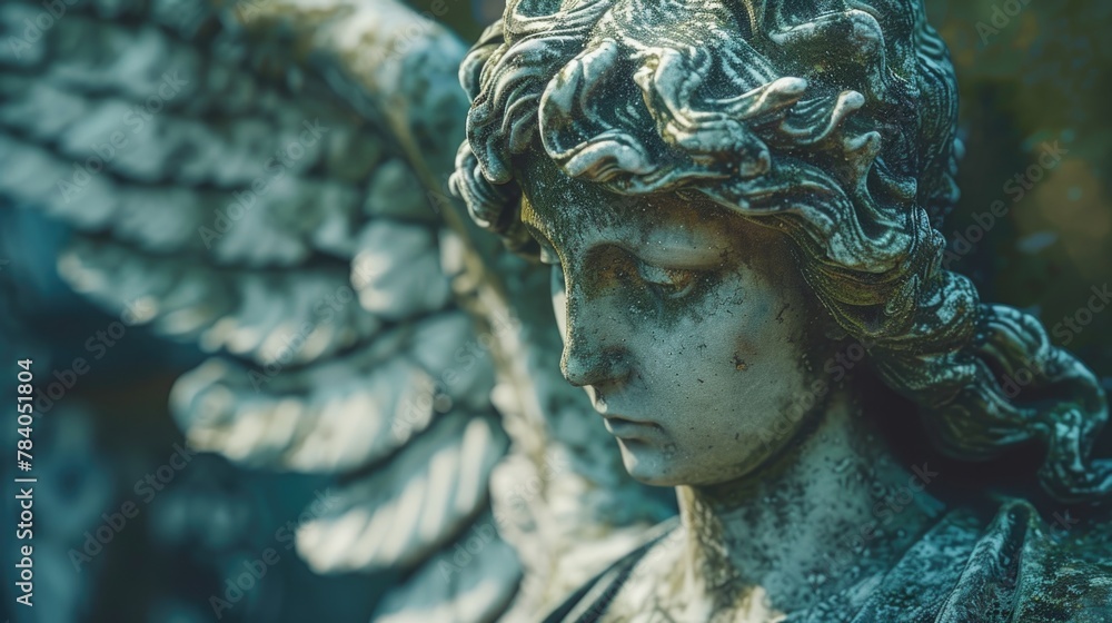 Detailed view of a serene angel statue, suitable for religious or memorial themes