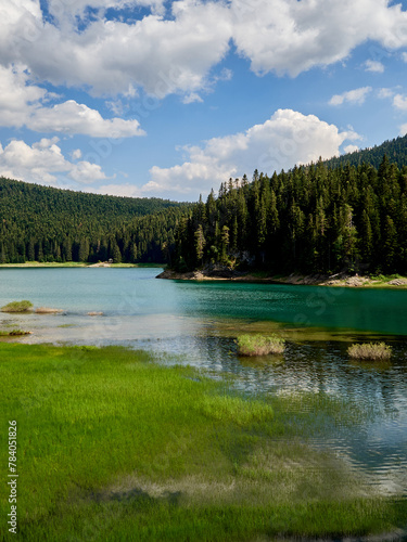 Beautiful landscape with bright colors in  Black Lake, Crno Jezero, a glacial lake in Durmitor National Park. Zabljak, Montenegro, Europe