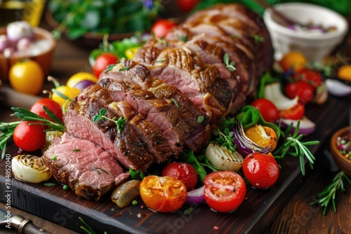 A large piece of meat on a cutting board, ideal for food industry