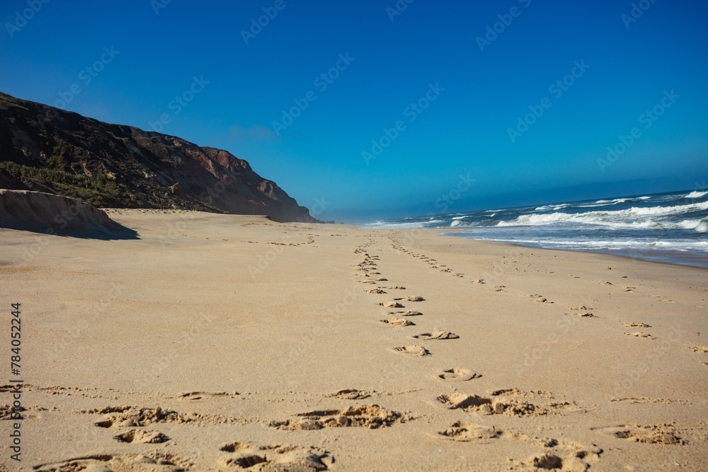 A trail of footsteps stretches along the sunny empty shoreline