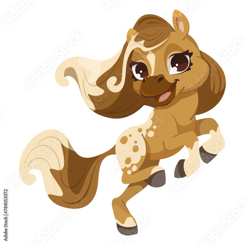 Animated happy pony prancing, vector illustration on a white background, depicting a playful concept. Vector illustration