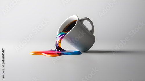 A white coffee mug tilted at an angle, with vibrant, multicolored liquid spilling out. The coffee cup is positioned in the center of a white background. Modern clean eye-catching design