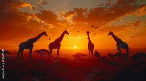  A group of giraffes stands next to each other on a lush green field beneath a vibrant orange sky