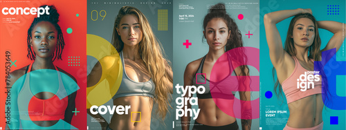 A collection of four modern, typographic posters featuring women in sportswear, with bold graphics and text overlay.