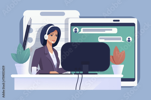 Customer support representative at her desk with headset, Vector illustration, blue background, concept of online customer service. Vector illustration © GN.STUDIO