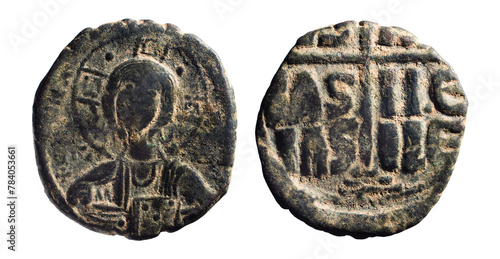 Byzantine Empire. Coin with Jesus Christ. Ancient Follis of emperor Basil II, 976-1025 AD. 