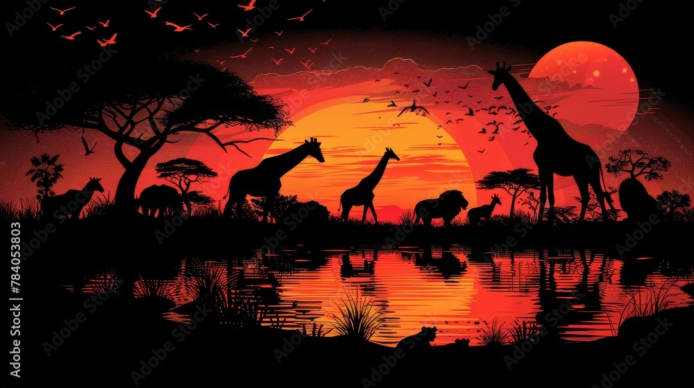   A group of giraffes by a water body with a setting sun behind them