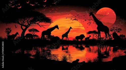   A group of giraffes by a water body with a setting sun behind them