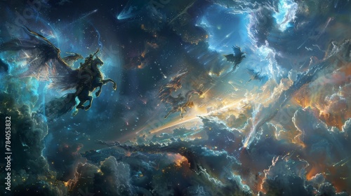 Intricate scene of mythical dragons amidst a chaotic interstellar war with vivid colors and cosmic phenomena