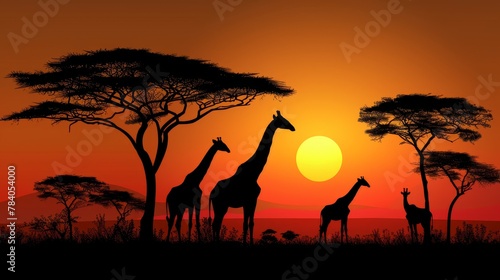   A group of giraffes aligned next to one another  silhouetted against a sunset backdrop with the setting sun behind