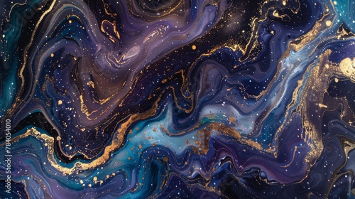 This dynamic image features wavy lines of gold and blue, imitating a luxurious, abstract marble liquid effect