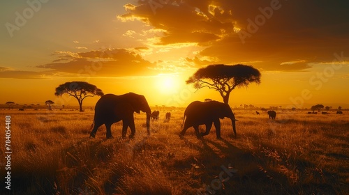  A herd of elephants traverses a dry grassland, surrounded by a cloud-studded sky as the sun sets in the distance
