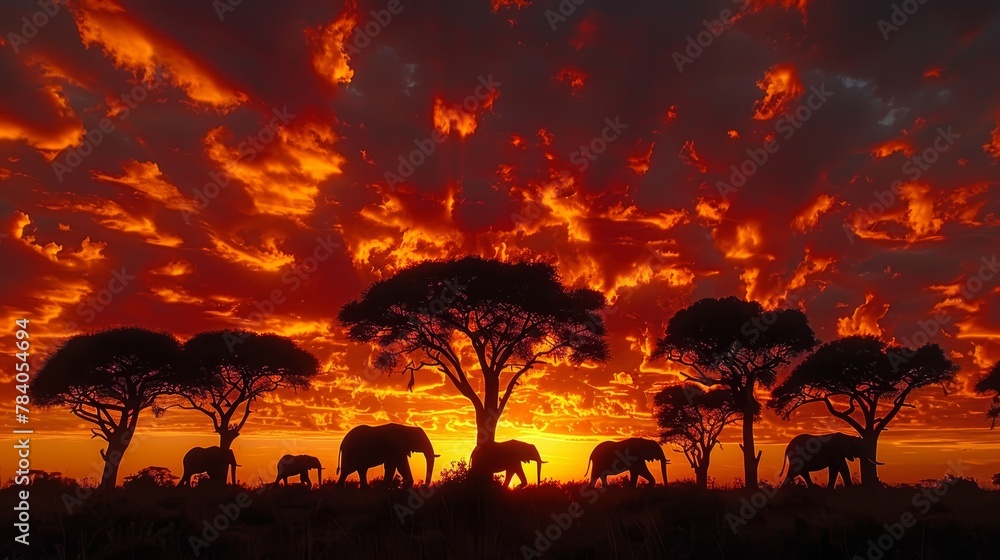   A herd of elephants traverses a verdant field as a red and yellow sun sets, scattering clouds above