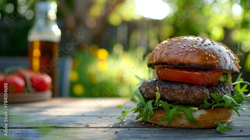 Artistic shot of a fresh chicken burger with beer and ripe tomatoes on a rustic wooden table