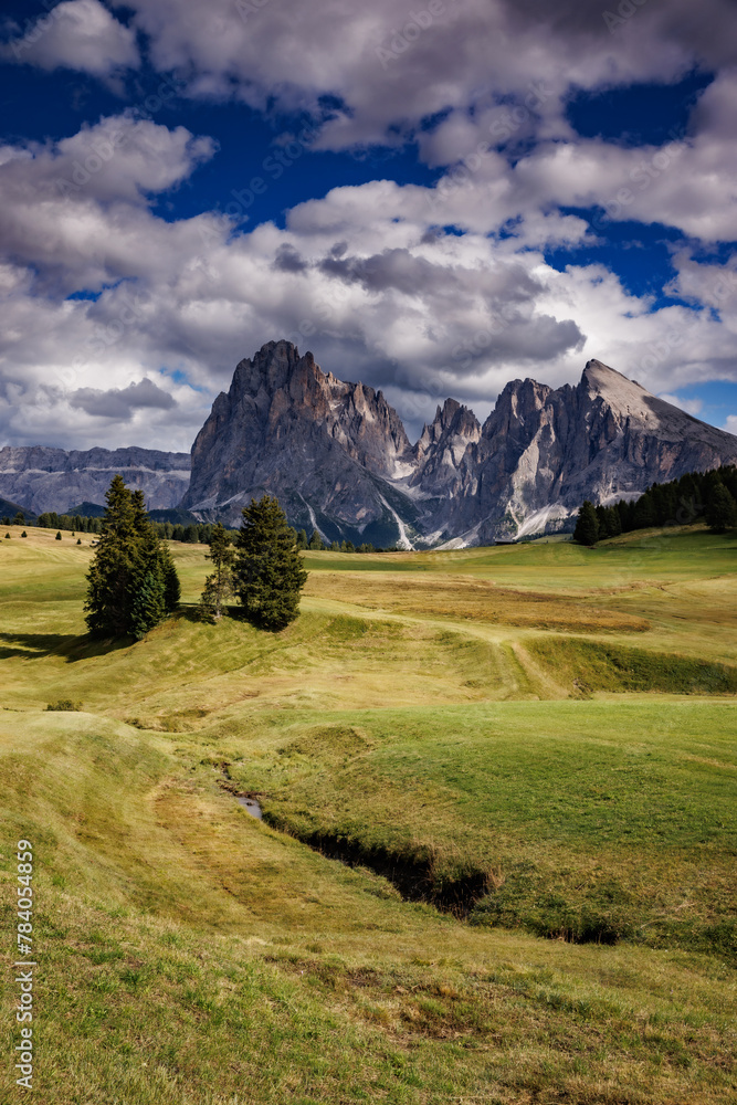 Majestic Dolomites Behind the Soft Green Seiser Alm