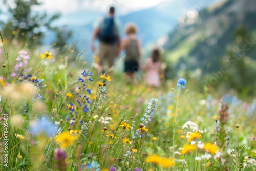 A family enjoys a leisure hike in a picturesque meadow filled with wildflowers and mountain backdrop