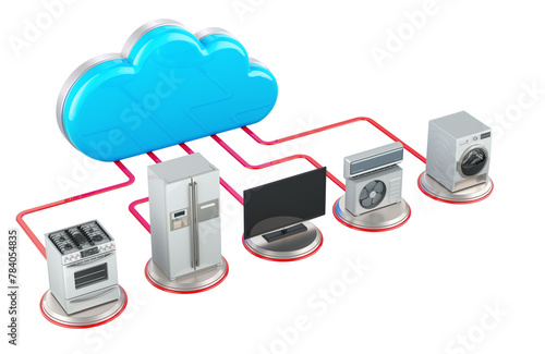 Server communication with kitchen and domestic appliance. Computer cloud with household equipment. 3D rendering isolated on transparent background