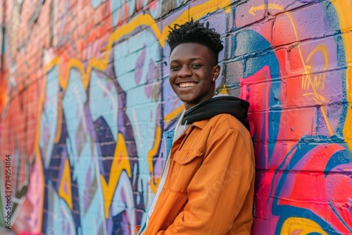 A happy young man with a bright smile leans on a graffiti wall in urban attire