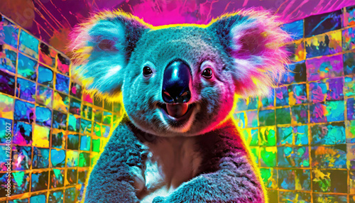 Vibrant and colorful illustration of a smiling koala bear standing in front of a colorful wall of photographs. AI generated wallpaper. photo