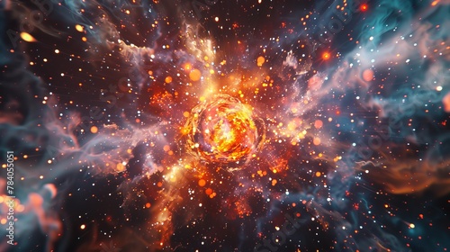 An artistic representation of a space scene, centering on a dynamic, fiery orb surrounded by swirling cosmic elements