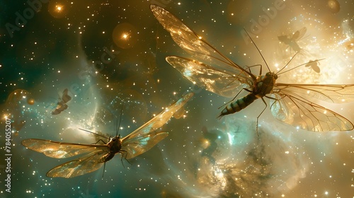 Dragonflies with gossamer wings soaring in a mystical starry cosmos, evoking a sense of wonder photo