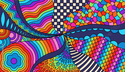 Psychedelic groovy color background. Zentangle coloring page for adult.