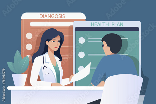 A female doctor discussing a health plan with a male patient, vector illustration on a blue background, medical consultation concept. Vector illustration © GN.STUDIO
