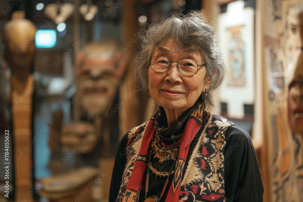 An elderly woman with a warm smile stands among traditional cultural artifacts in an ethnographic setting