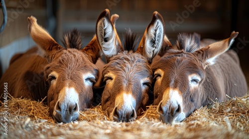  A collection of donkeys clustered near a haystack, noses proximately positioned towards the camera