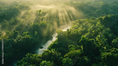 The morning sun pierces through thick jungle foliage, casting a magical light over the verdant landscape