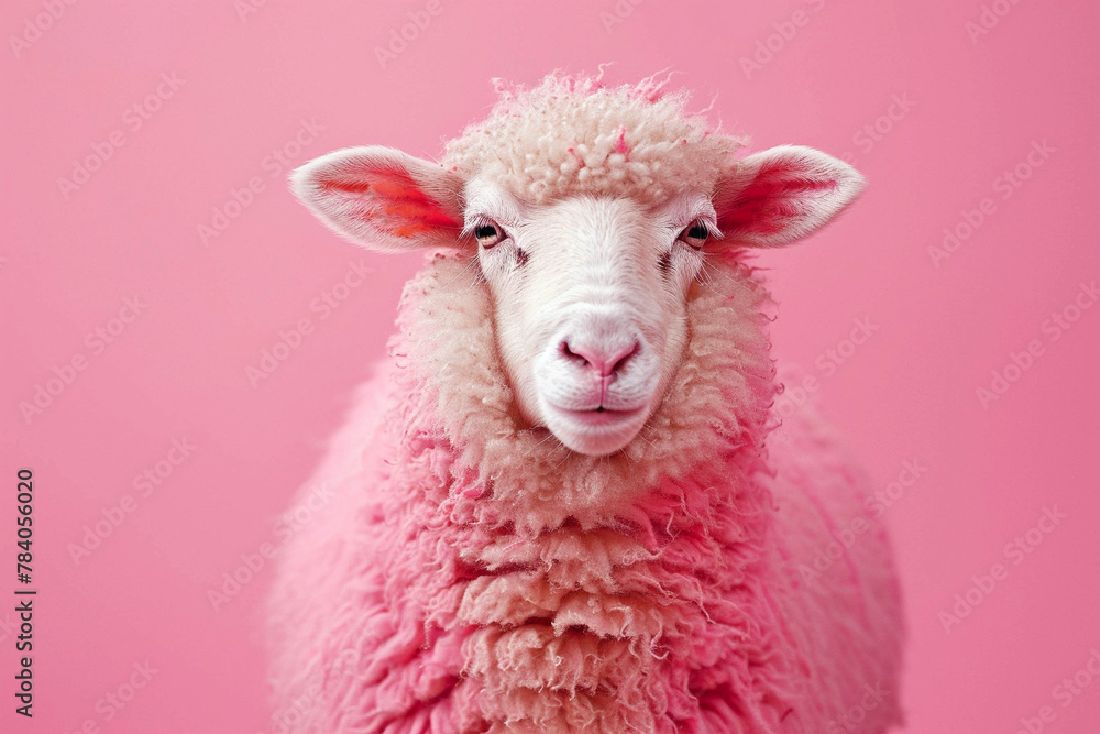 Photo of a cute, beautiful pink sheep on a pink background, glamorous sheep