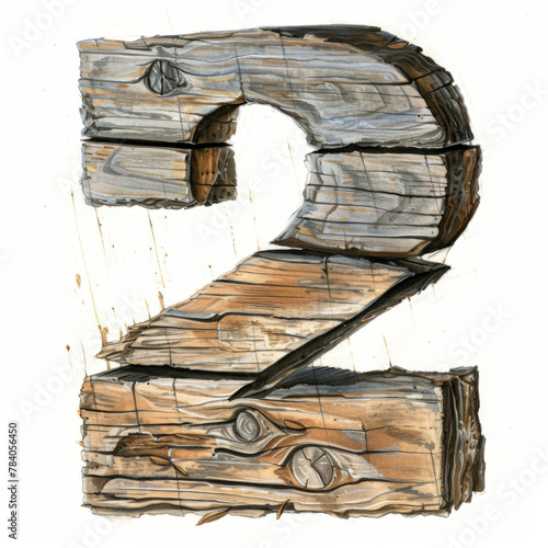 Rustic wooden Number 2 featuring a rough texture and natural wood grain, isolated on a white background. This versatile image is perfect for a wide range of design projects.