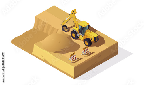 Isometric vector illustration of an excavator on a construction site, against a white background, depicting industrial machinery in action. Vector illustration