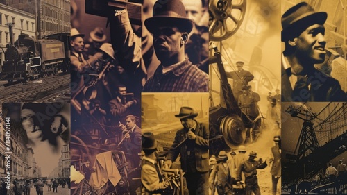 montage of historical images depicting significant labor movements and milestones in American history, celebrating the achievements and rights won by workers photo