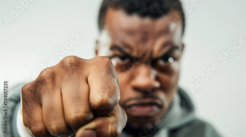 Angry African American black Man with Fisted hand giving a punch, forshortening style, closeup to camera screen, fist photo