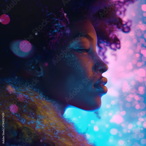 black woman in ethereal snowy colorful dreamscape studio lighting