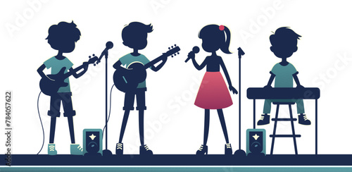 Silhouetted children band performing with guitars, a microphone, and keyboard on a simple blue background, Vector illustration, concept of musical education. Vector illustration