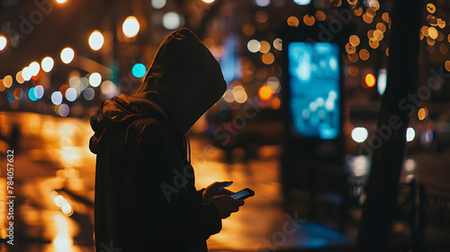 a moment in an urban setting during nighttime. The focal point is a person standing on a sidewalk, engrossed in their phone photo