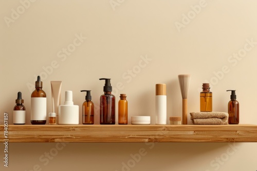 Elegant Bathroom Cosmetics and Skincare Product Display on Wooden Shelf